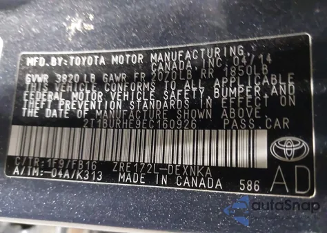 2014 Toyota Corolla Le из США, поврежденный, VIN 2T1BURHE9EC160926